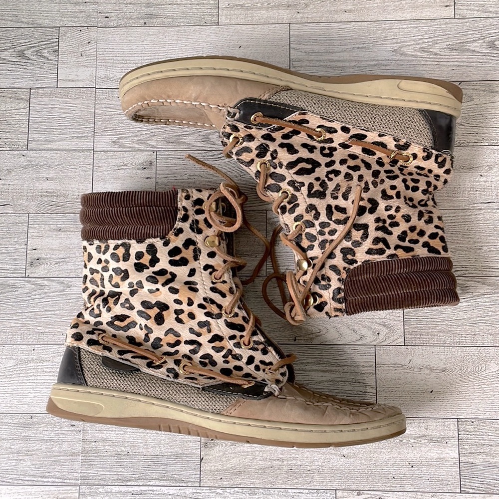 Sperry Topsider Hikerfish Linen Leopard Boots GUC